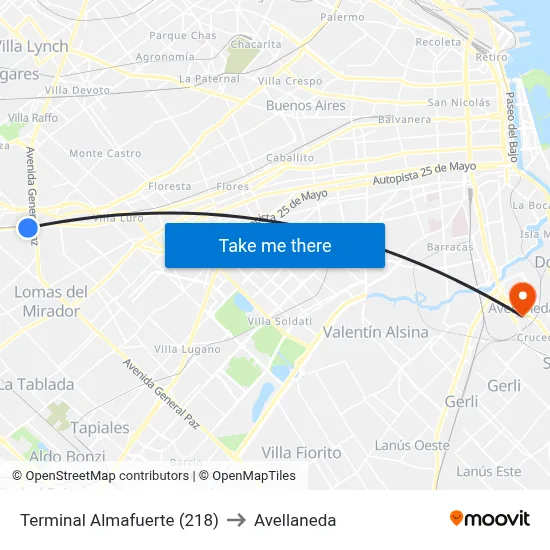 Terminal Almafuerte (218) to Avellaneda map