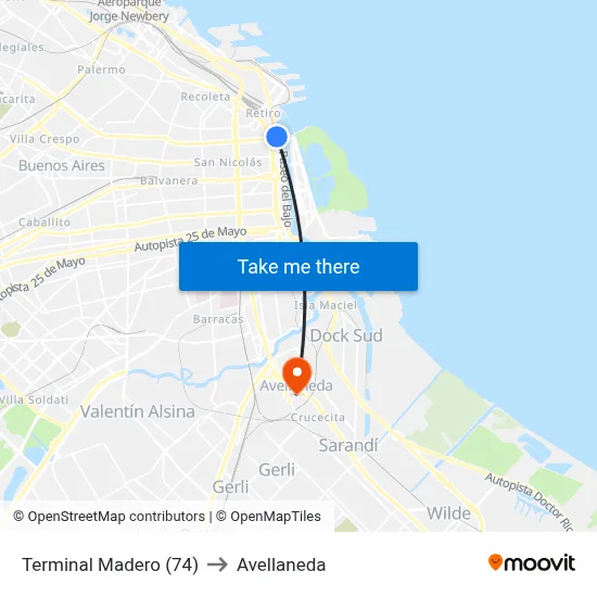 Terminal Madero (74) to Avellaneda map