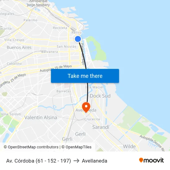 Av. Córdoba (61 - 152 - 197) to Avellaneda map