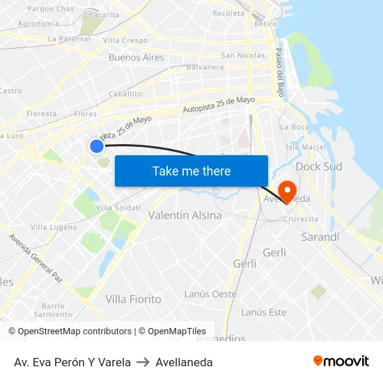 Av. Eva Perón Y Varela to Avellaneda map