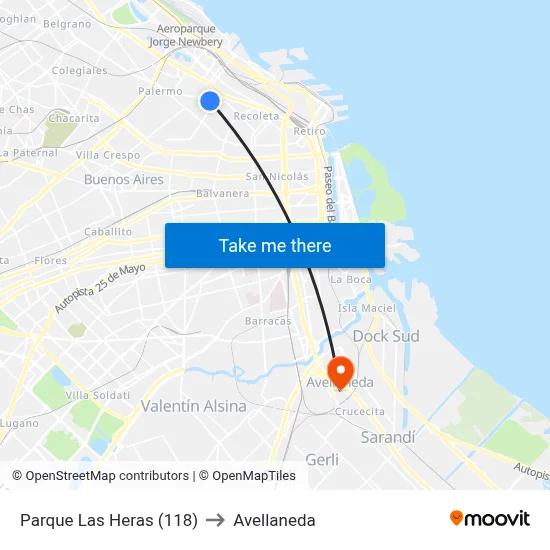 Parque Las Heras (118) to Avellaneda map