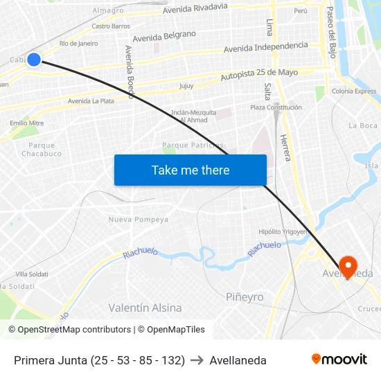 Primera Junta (25 - 53 - 85 - 132) to Avellaneda map