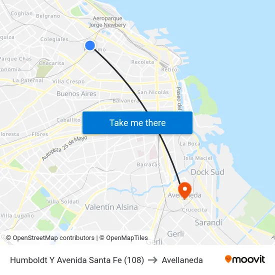 Humboldt Y Avenida Santa Fe (108) to Avellaneda map