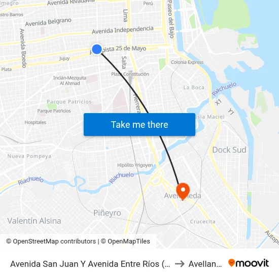 Avenida San Juan Y Avenida Entre Ríos (53 - 126) to Avellaneda map