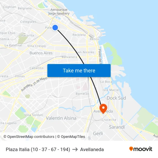 Plaza Italia (10 - 37 - 67 - 194) to Avellaneda map