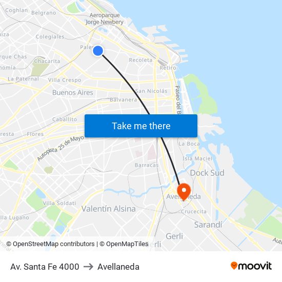 Av. Santa Fe 4000 to Avellaneda map