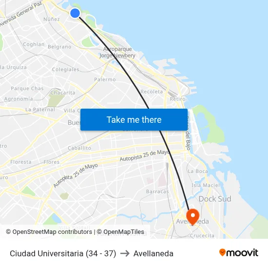 Ciudad Universitaria (34 - 37) to Avellaneda map