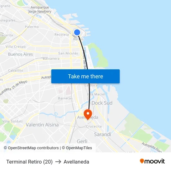 Terminal Retiro (20) to Avellaneda map