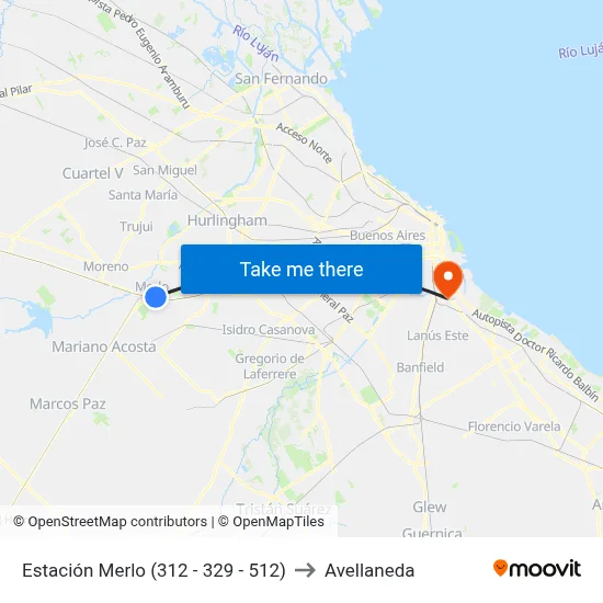 Estación Merlo (312 - 329 - 512) to Avellaneda map