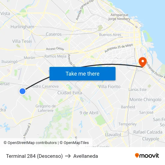 Terminal 284 (Descenso) to Avellaneda map