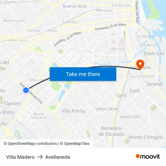 Villa Madero to Avellaneda map