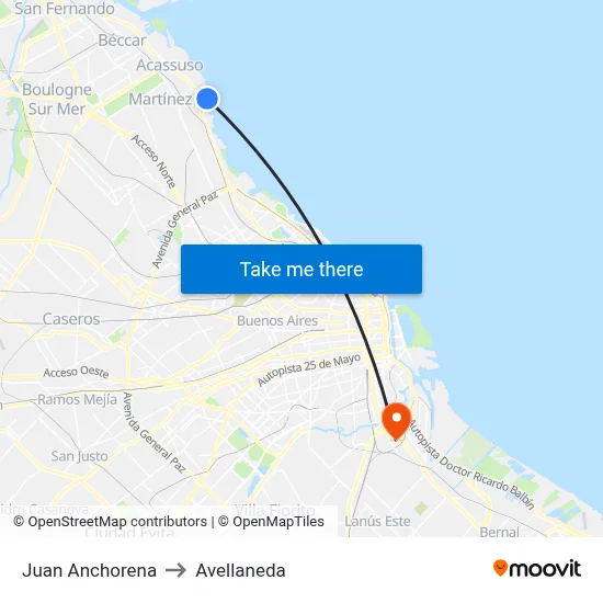 Juan Anchorena to Avellaneda map