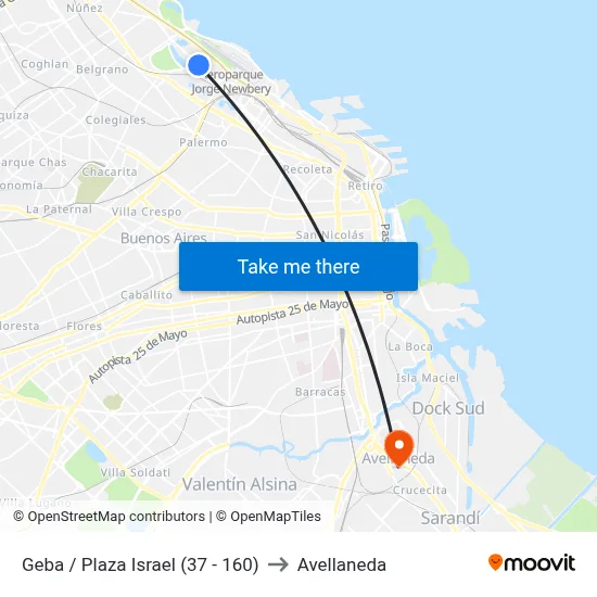 Geba / Plaza Israel (37 - 160) to Avellaneda map