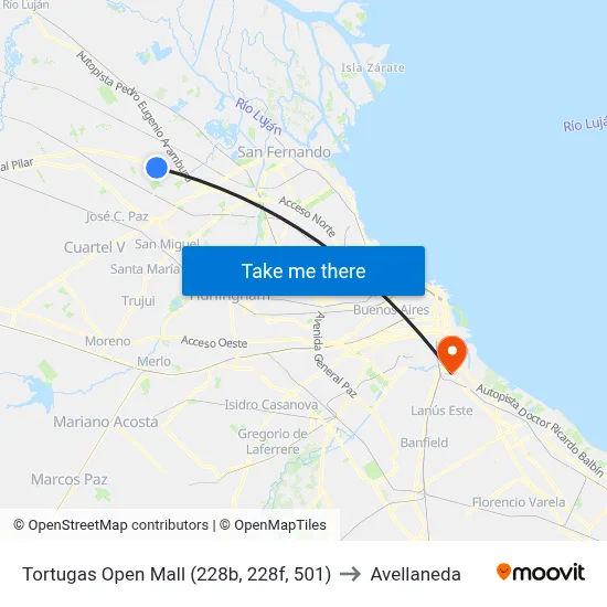 Tortugas Open Mall (228b, 228f, 501) to Avellaneda map
