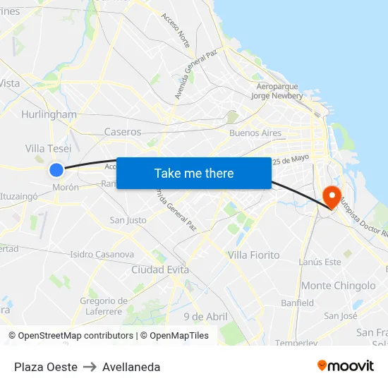 Plaza Oeste to Avellaneda map
