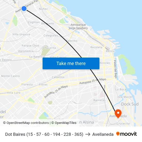 Dot Baires (15 - 57 - 60 - 194 - 228 - 365) to Avellaneda map