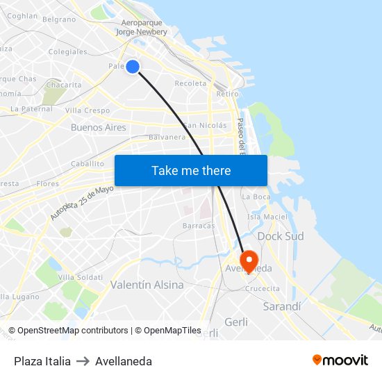 Plaza Italia to Avellaneda map