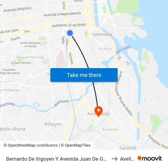 Bernardo De Irigoyen Y Avenida Juan De Garay (8 - 9 - 45 - 57 - 59 - 91 - 100) to Avellaneda map