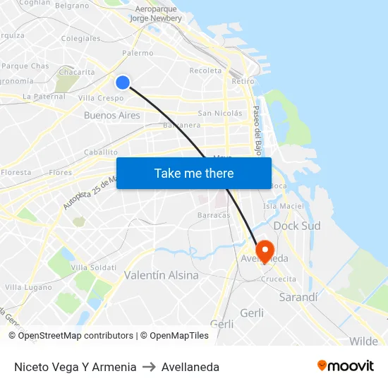 Niceto Vega Y Armenia to Avellaneda map
