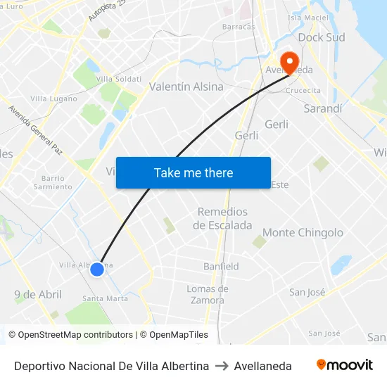 Deportivo Nacional De Villa Albertina to Avellaneda map