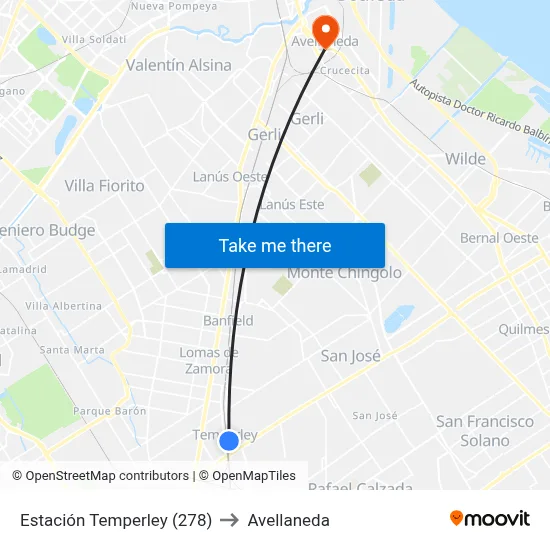 Estación Temperley (278) to Avellaneda map