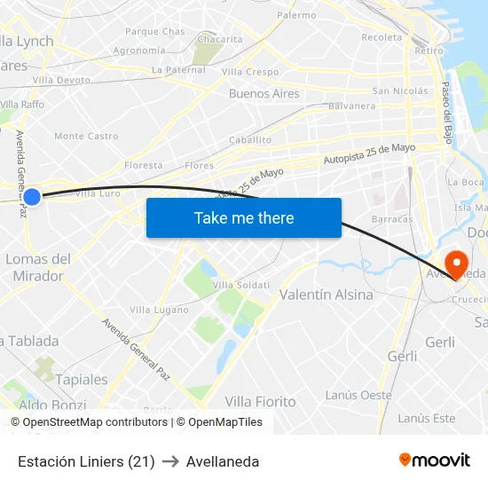 Estación Liniers (21) to Avellaneda map