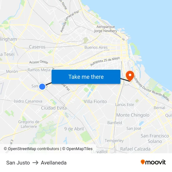 San Justo to Avellaneda map