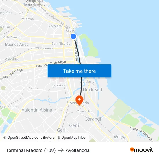 Terminal Madero (109) to Avellaneda map