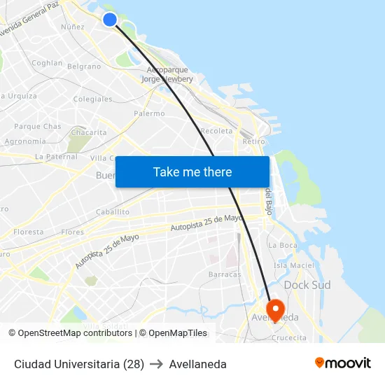 Ciudad Universitaria (28) to Avellaneda map