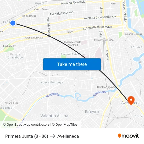 Primera Junta (8 - 86) to Avellaneda map