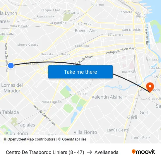Centro De Trasbordo Liniers (8 - 47) to Avellaneda map