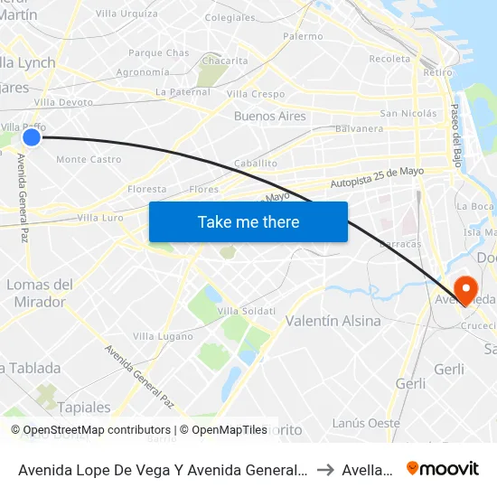 Avenida Lope De Vega Y Avenida General Paz (53 - 135) to Avellaneda map