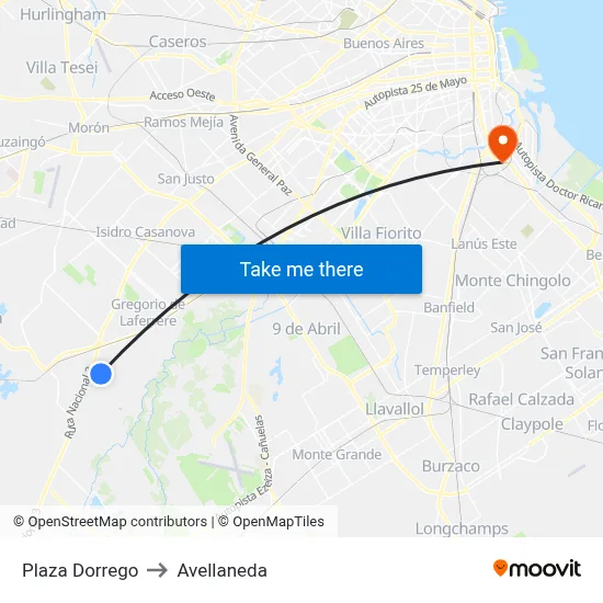 Plaza Dorrego to Avellaneda map