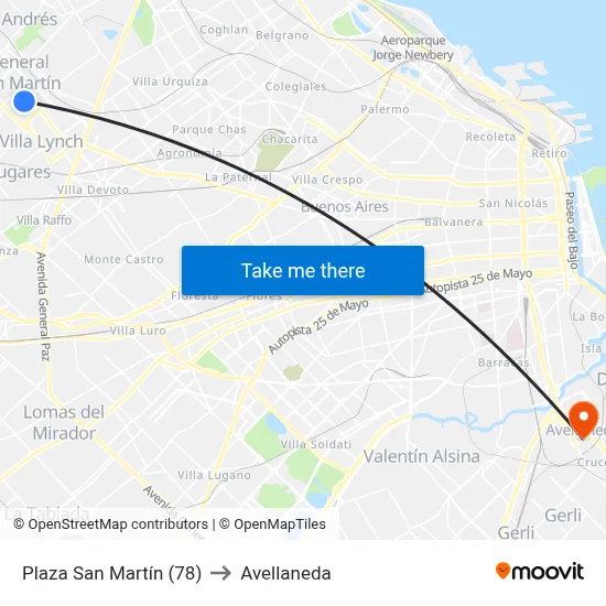 Plaza San Martín (78) to Avellaneda map
