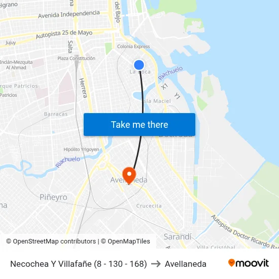 Necochea Y Villafañe (8 - 130 - 168) to Avellaneda map