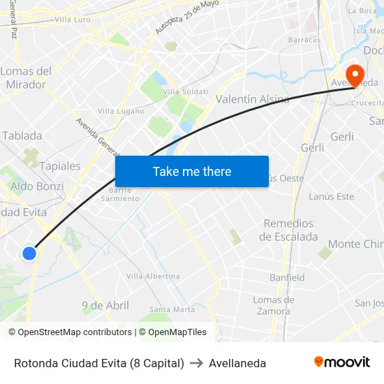 Rotonda Ciudad Evita (8 Capital) to Avellaneda map