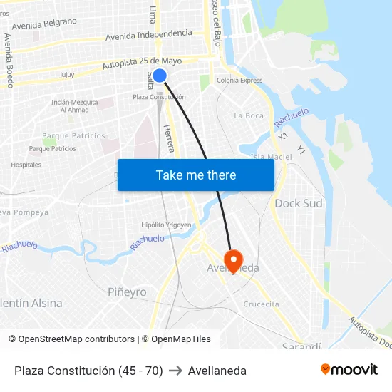 Plaza Constitución (45 - 70) to Avellaneda map