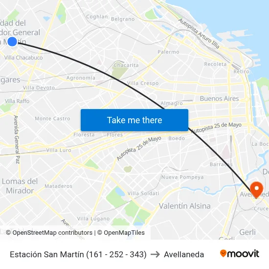 Estación San Martín (161 - 252 - 343) to Avellaneda map