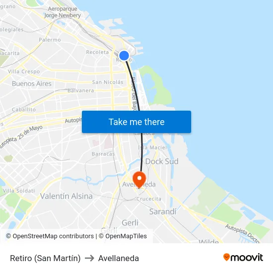 Retiro (San Martín) to Avellaneda map
