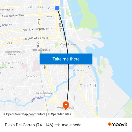 Plaza Del Correo (74 - 146) to Avellaneda map