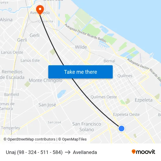 Unaj (98 - 324 - 511 - 584) to Avellaneda map