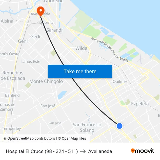 Hospital El Cruce (98 - 324 - 511) to Avellaneda map
