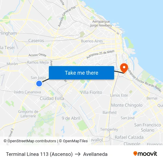 Terminal Línea 113 (Ascenso) to Avellaneda map