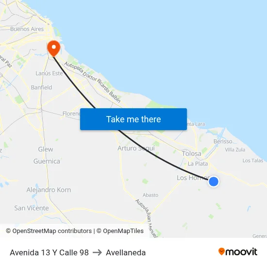 Avenida 13 Y Calle 98 to Avellaneda map
