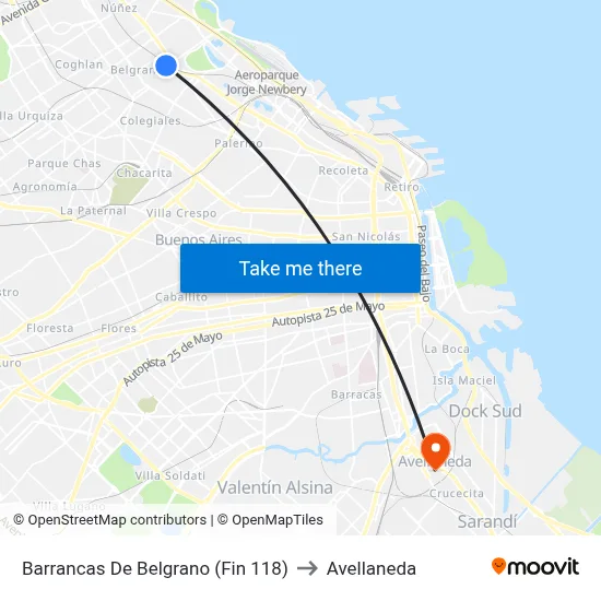 Barrancas De Belgrano (Fin 118) to Avellaneda map
