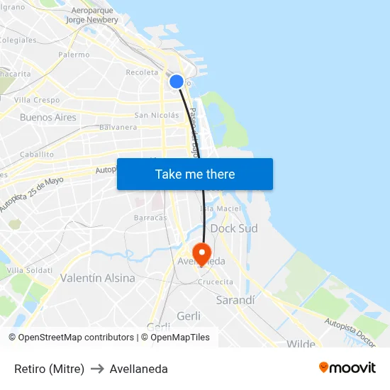 Retiro (Mitre) to Avellaneda map