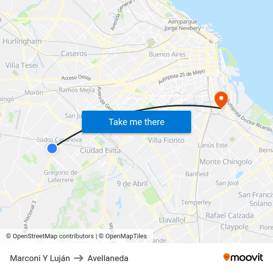 Marconi Y Luján to Avellaneda map