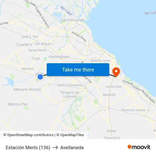 Estación Merlo (136) to Avellaneda map