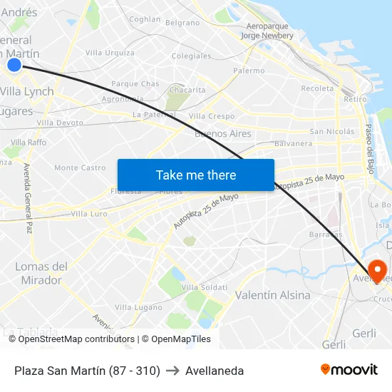 Plaza San Martín (87 - 310) to Avellaneda map