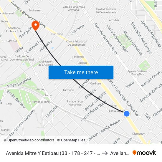 Avenida Mitre Y Estibau (33 - 178 - 247 - 271 - 570) to Avellaneda map